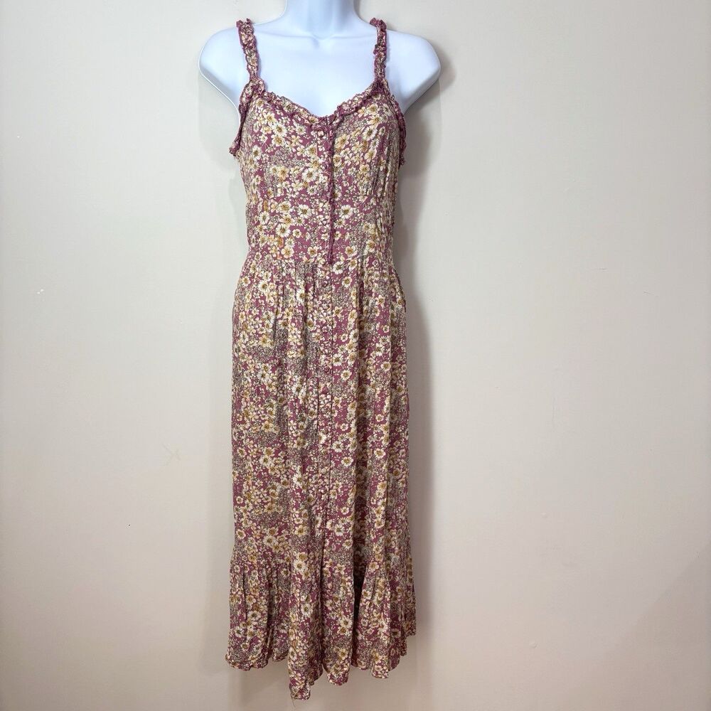 Patrons of Peace Dusty Pink Floral Midi Dress Strappy M Coquette Cottage Prairie
